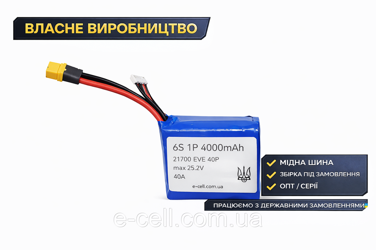 Акумулятор 6S1P 21700 4000mAh 40A (EVE 40P)